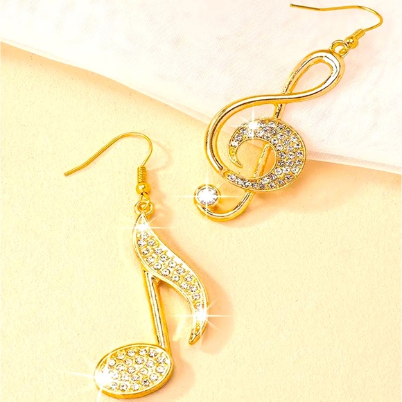 Musical notes rhinestones gold tone dangle earrings NWT - Picture 3 of 7
